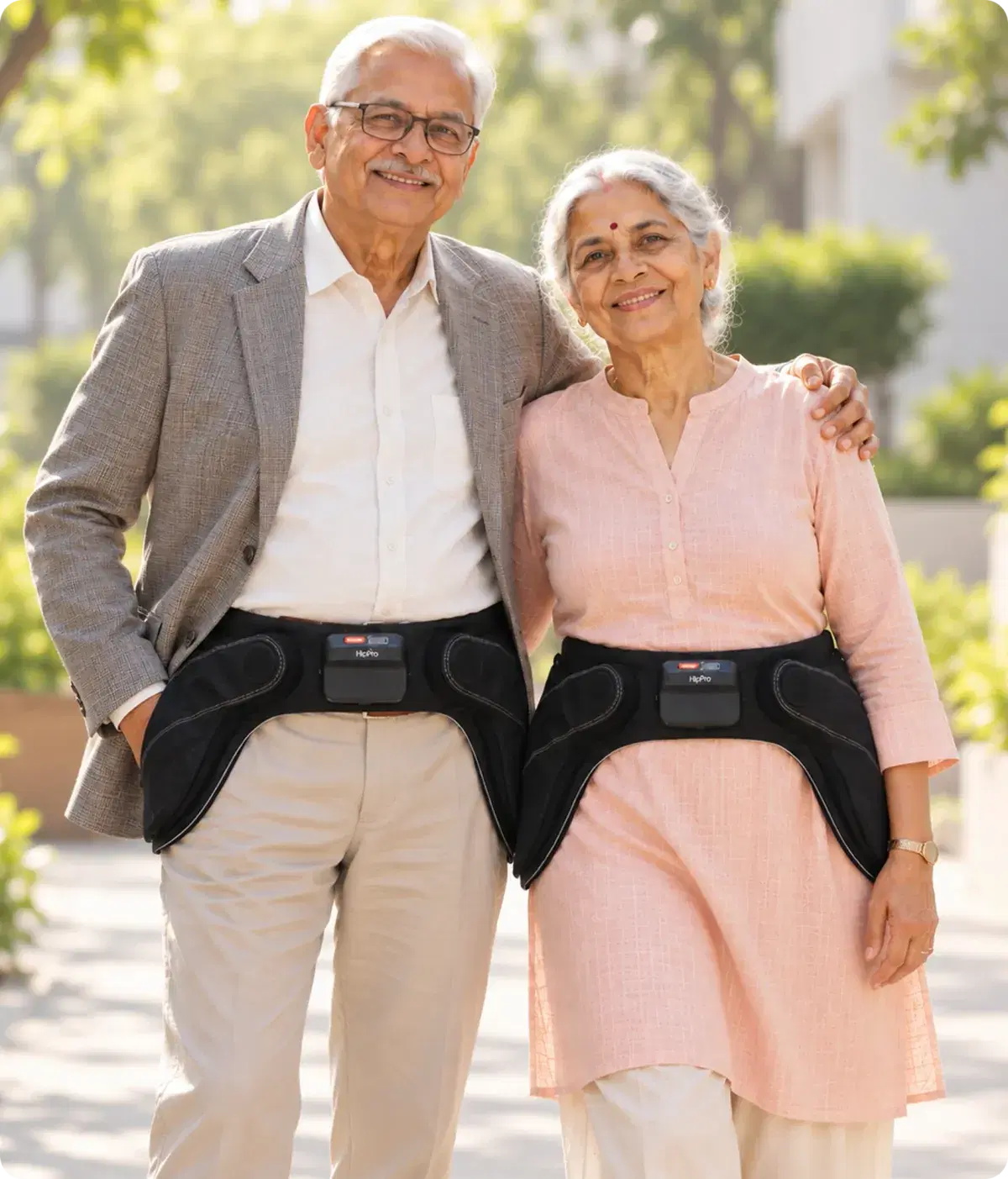 An elderly couple outdoors, each wearing a Ripple HipPro Belt over their clothes